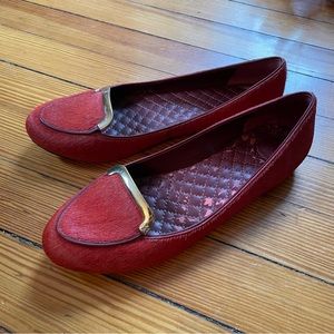 Tory Burch Red Calf Hair Loafer with Gold Accents